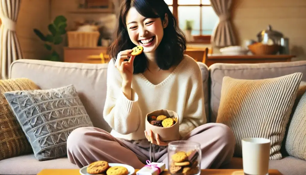 お菓子を美味しそうに食べる日本人女性